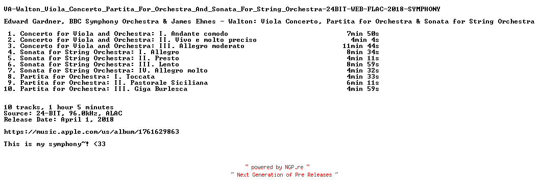 NFO for the release VA-Walton_Viola_Concerto_Partita_For_Orchestra_And_Sonata_For_String_Orchestra-24BIT-WEB-FLAC-2018-SYMPHONY by SYMPHONY