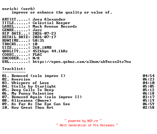 NFO for the release Joey_Alexander-Celestial_Keeper-16BIT-WEB-FLAC-2026-ENRiCH by ENRiCH