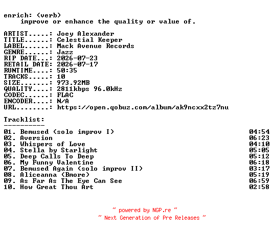NFO for the release Joey_Alexander-Celestial_Keeper-24BIT-WEB-FLAC-2026-ENRiCH by ENRiCH