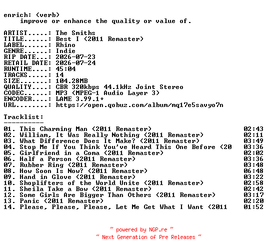 NFO for the release The_Smiths-Best_I_(2011_Remaster)-WEB-2026-ENRiCH by ENRiCH