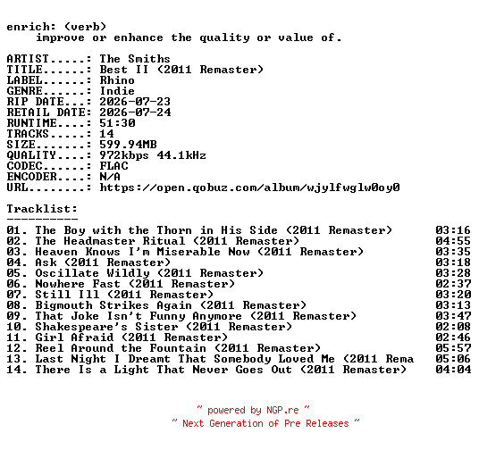 NFO for the release The_Smiths-Best_II_(2011_Remaster)-24BIT-WEB-FLAC-2026-ENRiCH by ENRiCH
