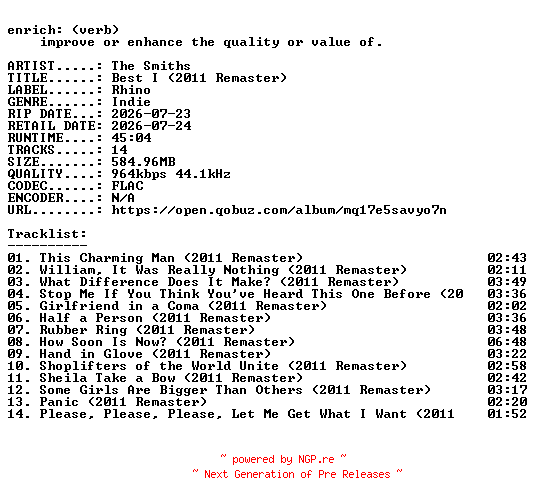 NFO for the release The_Smiths-Best_I_(2011_Remaster)-24BIT-WEB-FLAC-2026-ENRiCH by ENRiCH
