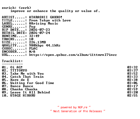 NFO for the release ATARASHII_GAKKO-From_Tokyo_with_Love-JP-16BIT-WEB-FLAC-2026-ENRiCH by ENRiCH