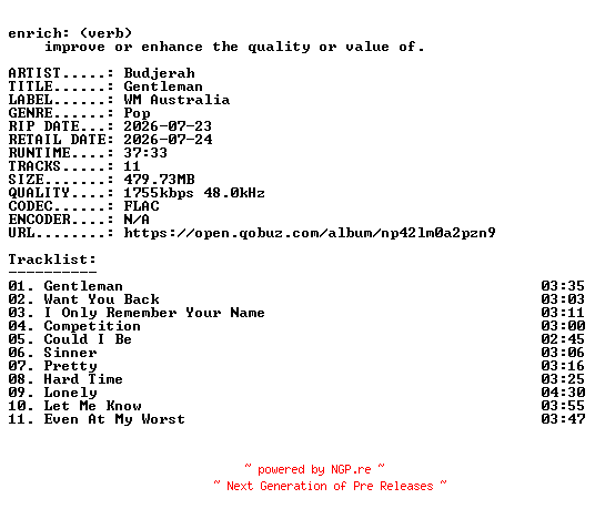 NFO for the release Budjerah-Gentleman-24BIT-WEB-FLAC-2026-ENRiCH by ENRiCH