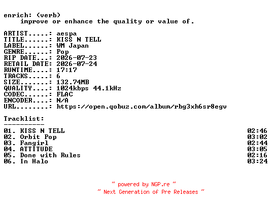 NFO for the release aespa-KISS_N_TELL-JP-EP-16BIT-WEB-FLAC-2026-ENRiCH by ENRiCH