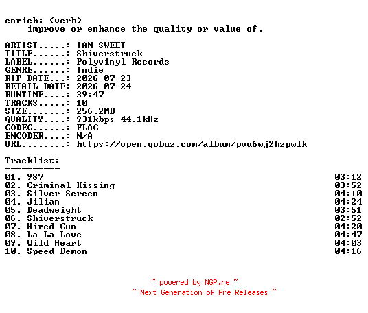 NFO for the release IAN_SWEET-Shiverstruck-16BIT-WEB-FLAC-2026-ENRiCH by ENRiCH