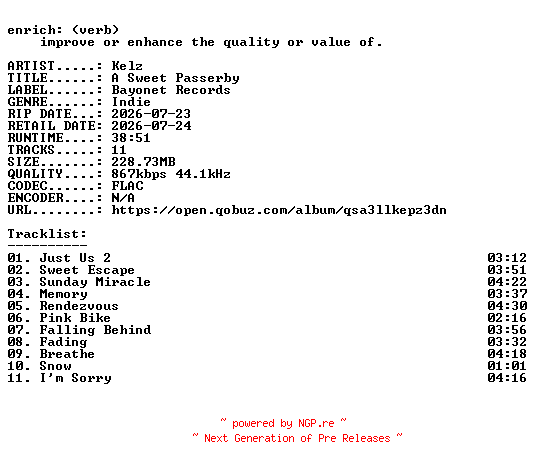 NFO for the release Kelz-A_Sweet_Passerby-16BIT-WEB-FLAC-2026-ENRiCH by ENRiCH