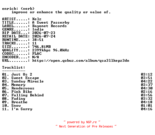 NFO for the release Kelz-A_Sweet_Passerby-24BIT-WEB-FLAC-2026-ENRiCH by ENRiCH