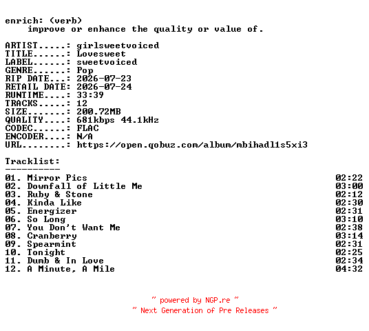 NFO for the release girlsweetvoiced-Lovesweet-16BIT-WEB-FLAC-2026-ENRiCH by ENRiCH