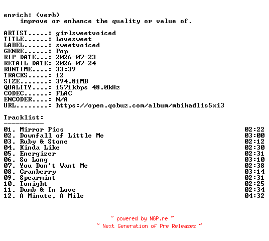 NFO for the release girlsweetvoiced-Lovesweet-24BIT-WEB-FLAC-2026-ENRiCH by ENRiCH