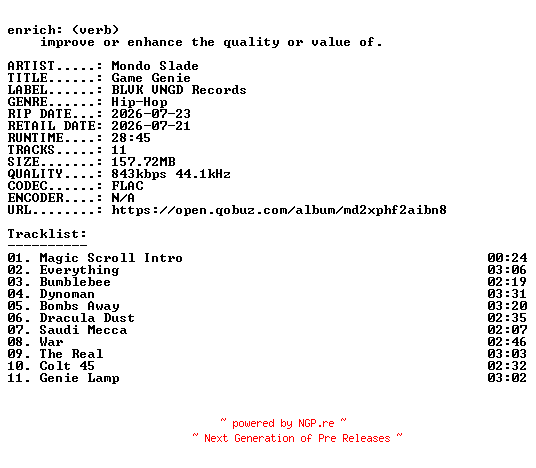 NFO for the release Mondo_Slade-Game_Genie-16BIT-WEB-FLAC-2026-ENRiCH by ENRiCH
