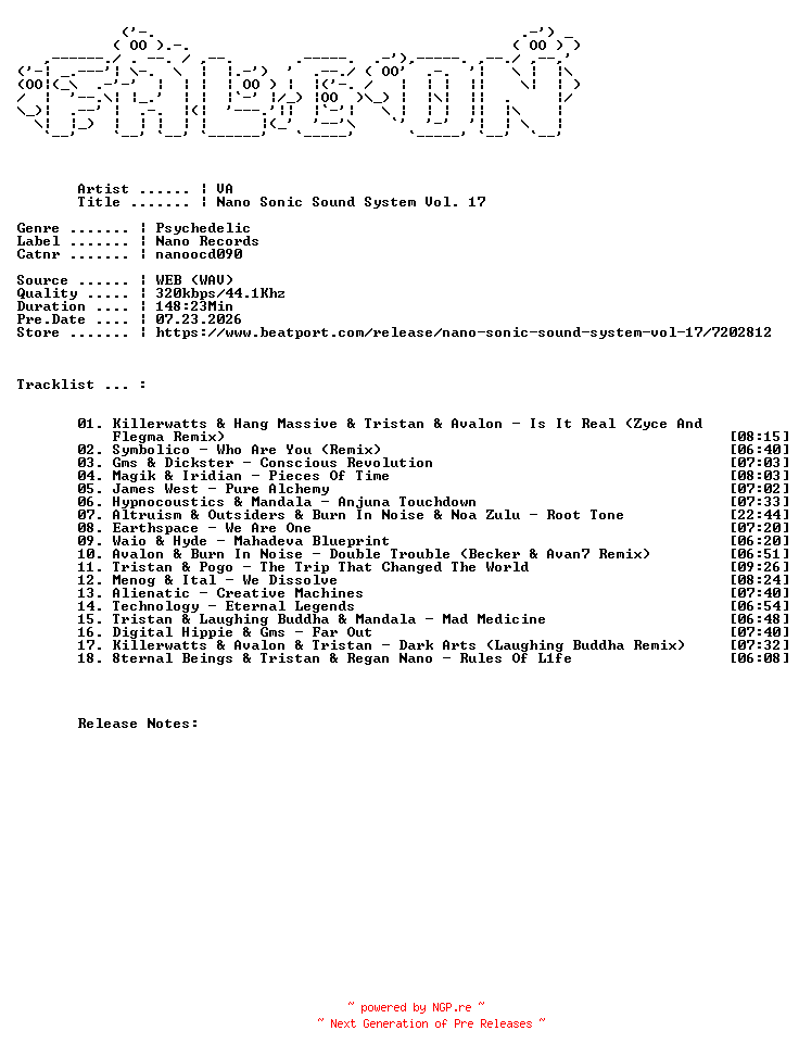 NFO for the release VA-Nano_Sonic_Sound_System_Vol._17-(Nanoocd090)-WEB-2026-FALCON by FALCON