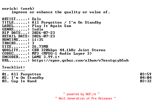 NFO for the release Eels-All_Forgotten__Im_On_Standby-EP-WEB-2026-ENRiCH by ENRiCH