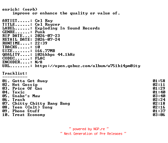 NFO for the release Cel_Ray-Cel_Rayzer-16BIT-WEB-FLAC-2026-ENRiCH by ENRiCH