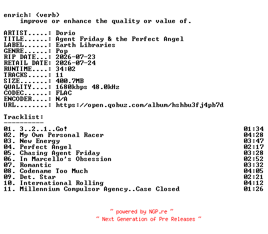 NFO for the release Dorio-Agent_Friday_and_the_Perfect_Angel-24BIT-WEB-FLAC-2026-ENRiCH by ENRiCH