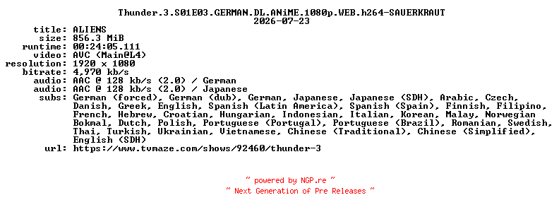 NFO for the release Thunder.3.S01E03.GERMAN.DL.ANiME.1080p.WEB.h264-SAUERKRAUT by SAUERKRAUT