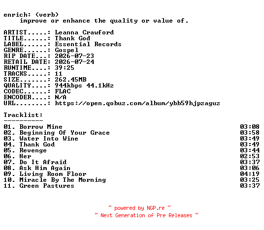 NFO for the release Leanna_Crawford-Thank_God-16BIT-WEB-FLAC-2026-ENRiCH by ENRiCH