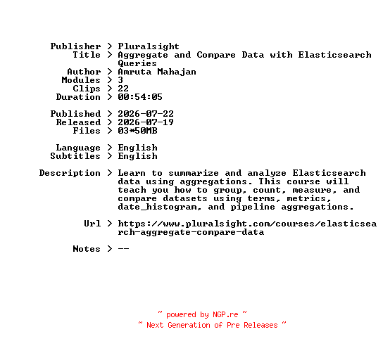 NFO for the release Pluralsight.Aggregate.and.Compare.Data.with.Elasticsearch.Queries.2026.BOOKWARE-GETH by GETH