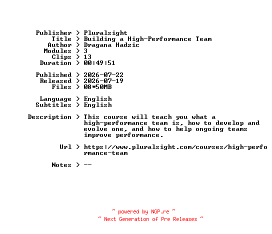 NFO for the release Pluralsight.Building.a.High-Performance.Team.2026.BOOKWARE-GETH by GETH