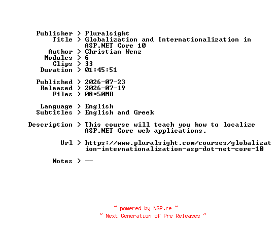 NFO for the release Pluralsight.Globalization.and.Internationalization.in.ASP.NET.Core.10.2026.BOOKWARE-GETH by GETH