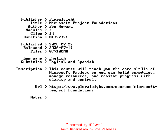 NFO for the release Pluralsight.Microsoft.Project.Foundations.2026.BOOKWARE-GETH by GETH