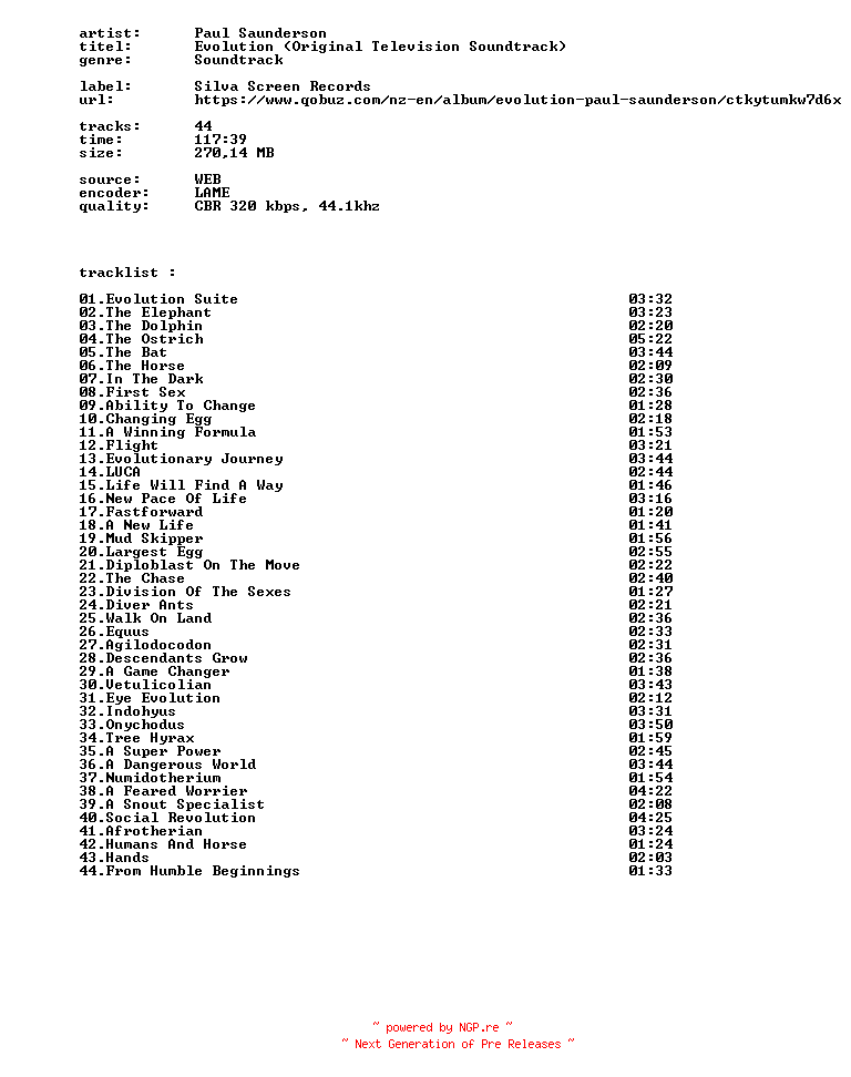 NFO for the release Paul_Saunderson_-_Evolution_(Original_Television_Soundtrack)-Ost-WEB-2026-BITCOINS by BITCOINS