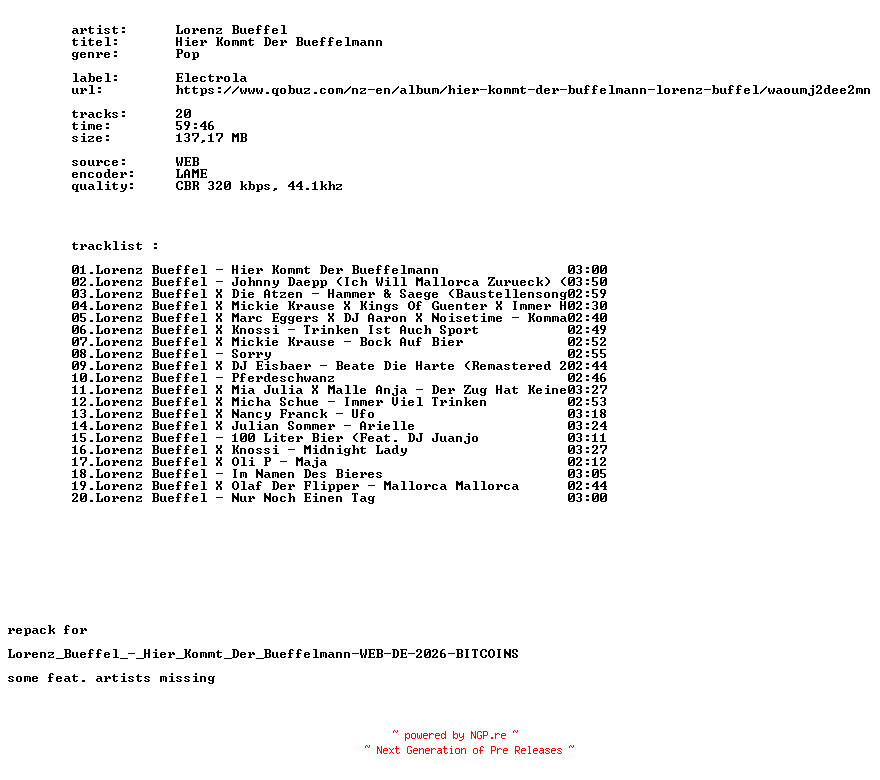 NFO for the release Lorenz_Bueffel_-_Hier_Kommt_Der_Bueffelmann-REPACK-WEB-DE-2026-BITCOINS by BITCOINS