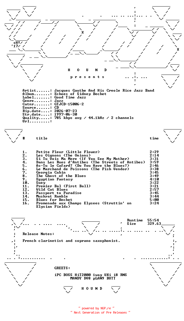 NFO for the release Jacques_Gauthe_And_His_Creole_Rice_Jazz_Band-Echoes_Of_Sidney_Bechet-(GTJCD-15006-2)-CD-FLAC-1997-HOUND by HOUND