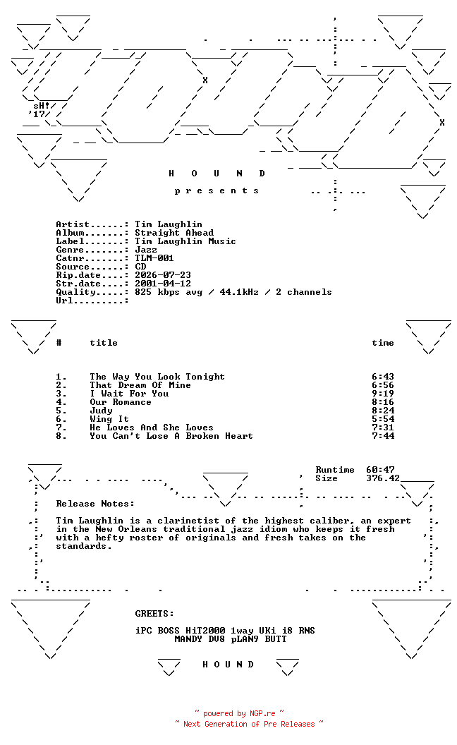 NFO for the release Tim_Laughlin-Straight_Ahead-(TLM-001)-CD-FLAC-2001-HOUND by HOUND