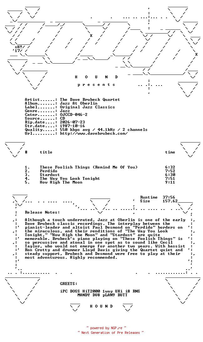NFO for the release The_Dave_Brubeck_Quartet-Jazz_At_Oberlin-(OJCCD-046-2)-REISSUE-CD-FLAC-1987-HOUND by HOUND