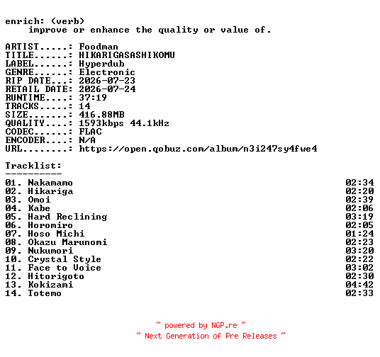 NFO for the release Foodman-HIKARIGASASHIKOMU-24BIT-WEB-FLAC-2026-ENRiCH by ENRiCH