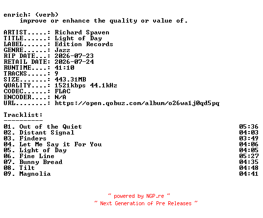 NFO for the release Richard_Spaven-Light_of_Day-24BIT-WEB-FLAC-2026-ENRiCH by ENRiCH