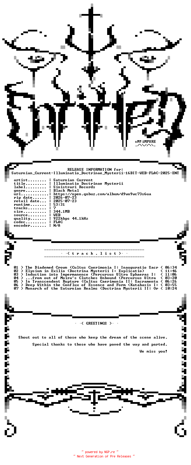 NFO for the release Saturnian_Current-Illuminatio_Doctrinae_Mysterii-16BIT-WEB-FLAC-2025-ENTiTLED by ENTiTLED