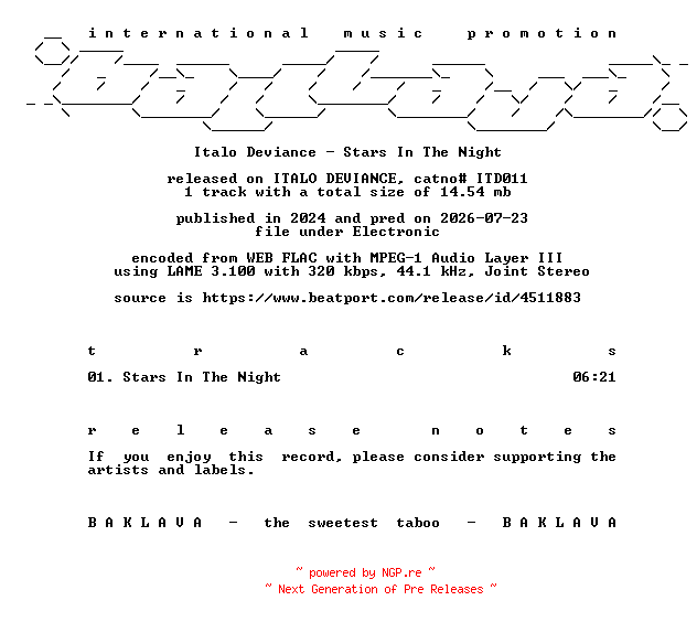 NFO for the release Italo_Deviance-Stars_In_The_Night-(ITD011)-SINGLE-WEB-2024-BAKLAVA by BAKLAVA