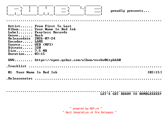 NFO for the release From_First_To_Last-Your_Name_In_Red_Ink-SINGLE-(WEB)-2026-RUMBLE by RUMBLE