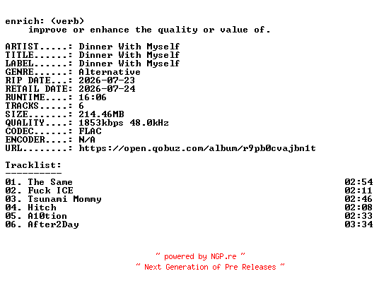 NFO for the release Dinner_With_Myself-Dinner_With_Myself-EP-24BIT-WEB-FLAC-2026-ENRiCH by ENRiCH