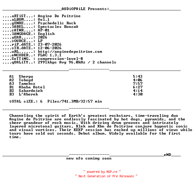 NFO for the release Angine_De_Poitrine-Vol.1-REISSUE-LP-FLAC-2026-AUDiOPHiLE by AUDiOPHiLE