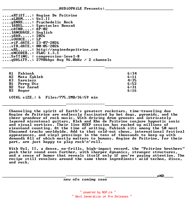 NFO for the release Angine_De_Poitrine-Vol.II-REISSUE-LP-FLAC-2026-AUDiOPHiLE by AUDiOPHiLE