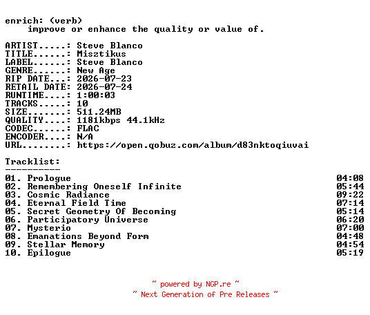 NFO for the release Steve_Blanco-Misztikus-24BIT-WEB-FLAC-2026-ENRiCH by ENRiCH