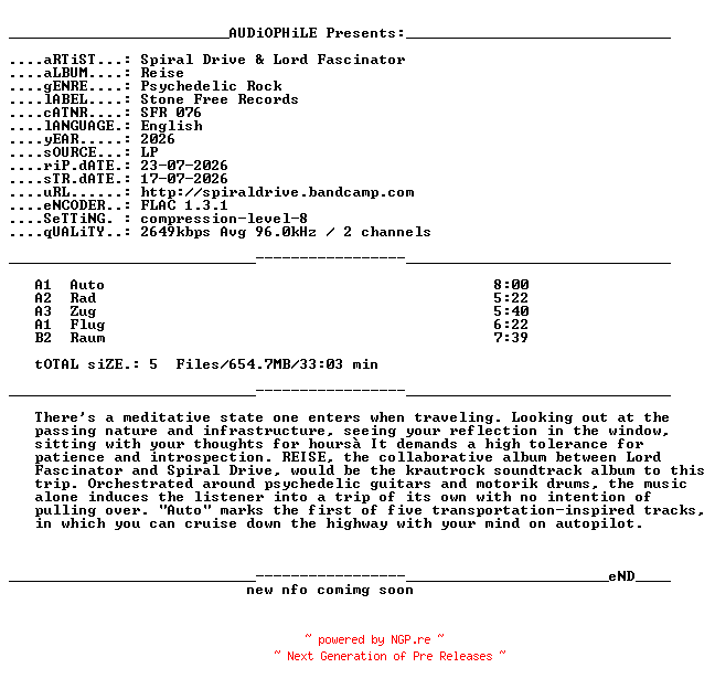 NFO for the release Spiral_Drive_And_Lord_Fascinator-Reise-LP-FLAC-2026-AUDiOPHiLE by AUDiOPHiLE
