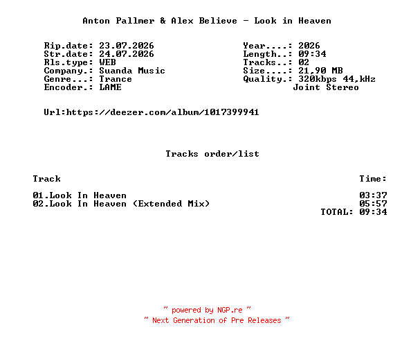 NFO for the release Anton_Pallmer_And_Alex_Believe_-_Look_In_Heaven-(SND540)-WEB-2026-FMC by FMC