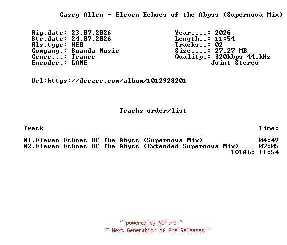 NFO for the release Casey_Allen_-_Eleven_Echoes_Of_The_Abyss_(Supernova_Mix)-(SND549)-WEB-2026-FMC by FMC
