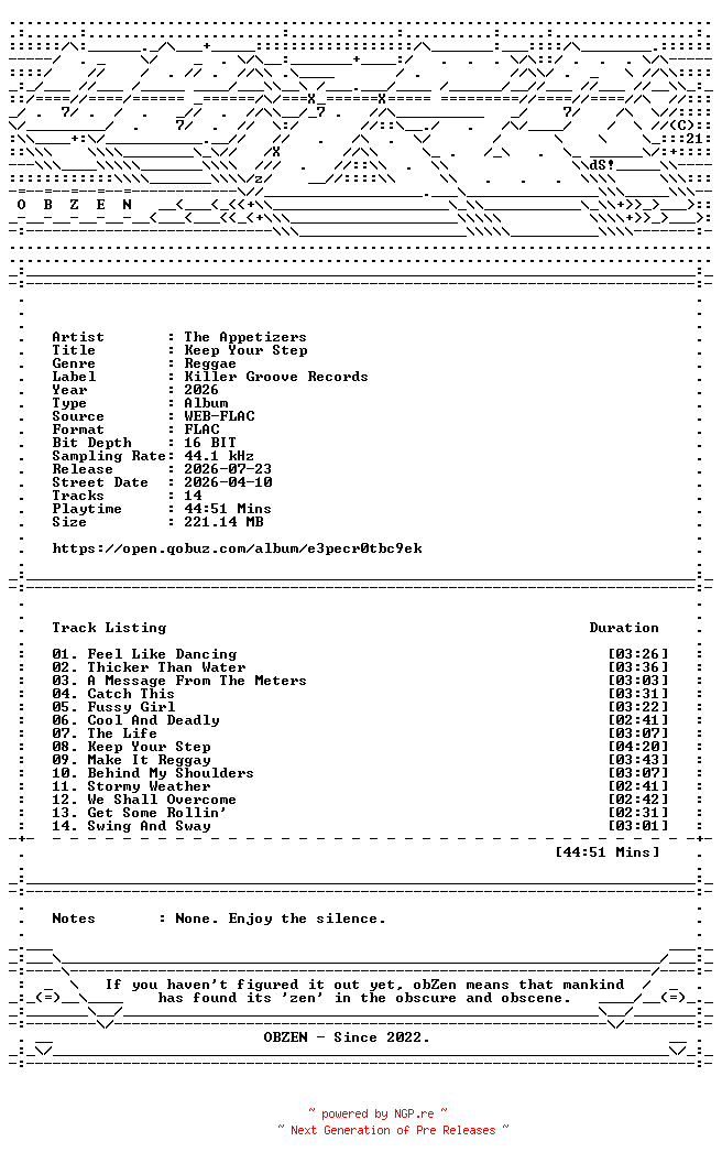 NFO for the release The_Appetizers-Keep_Your_Step-16BIT-WEB-FLAC-2026-OBZEN by OBZEN