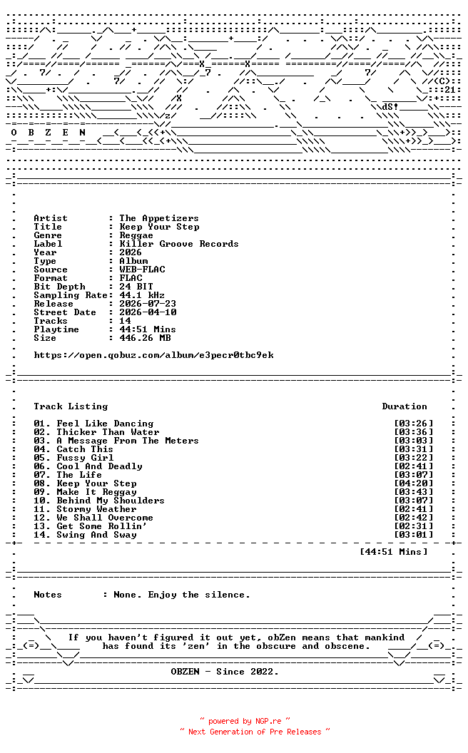NFO for the release The_Appetizers-Keep_Your_Step-24BIT-44KHZ-WEB-FLAC-2026-OBZEN by OBZEN