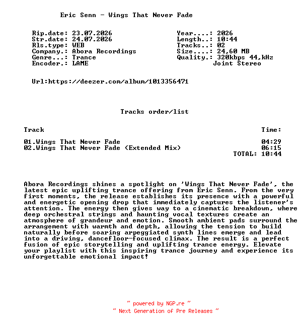 NFO for the release Eric_Senn_-_Wings_That_Never_Fade-(ABRD456)-WEB-2026-FMC by FMC