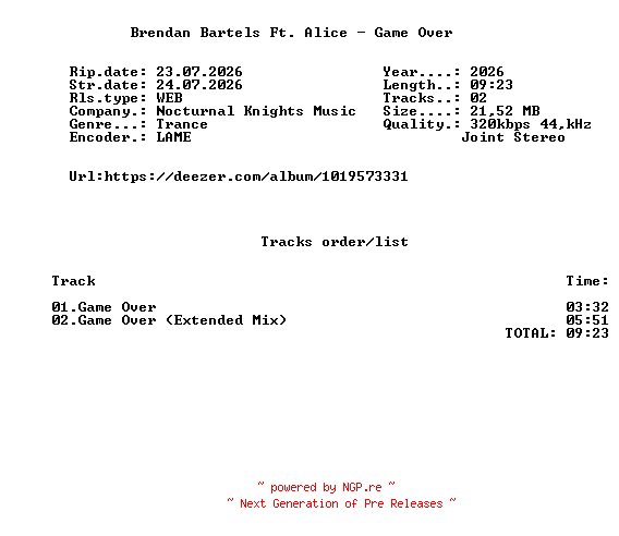 NFO for the release Brendan_Bartels_Ft._Alice_-_Game_Over-(NK386)-WEB-2026-FMC by FMC