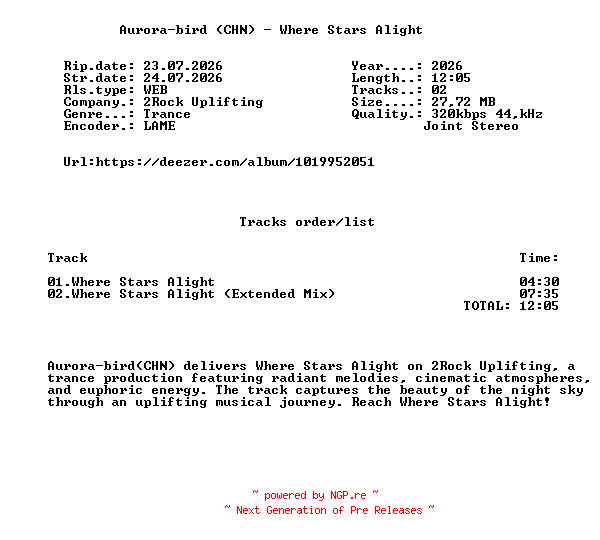 NFO for the release Aurora-Bird_(CHN)_-_Where_Stars_Alight-(2RU108)-WEB-2026-FMC by FMC