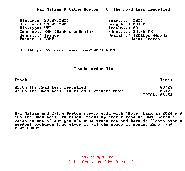 NFO for the release Raz_Nitzan_And_Cathy_Burton_-_On_The_Road_Less_Travelled-(RNMR411)-WEB-2026-FMC by FMC