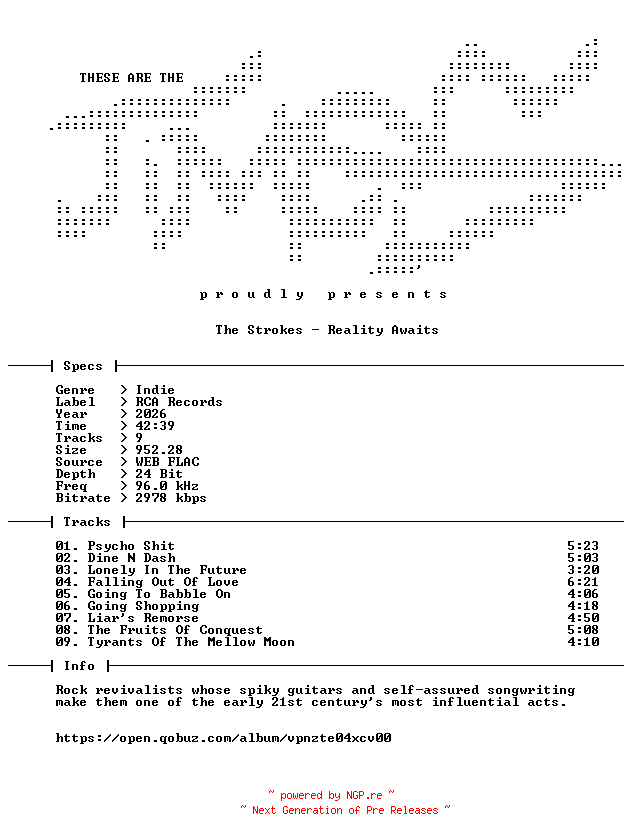 NFO for the release The_Strokes-Reality_Awaits-24BIT-96KHZ-WEB-FLAC-2026-TiMES by TiMES