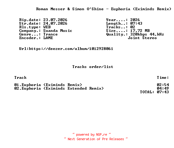 NFO for the release Roman_Messer_And_Simon_OShine_-_Euphoria_(Eximinds_Remix)-(SND555)-WEB-2026-FMC by FMC